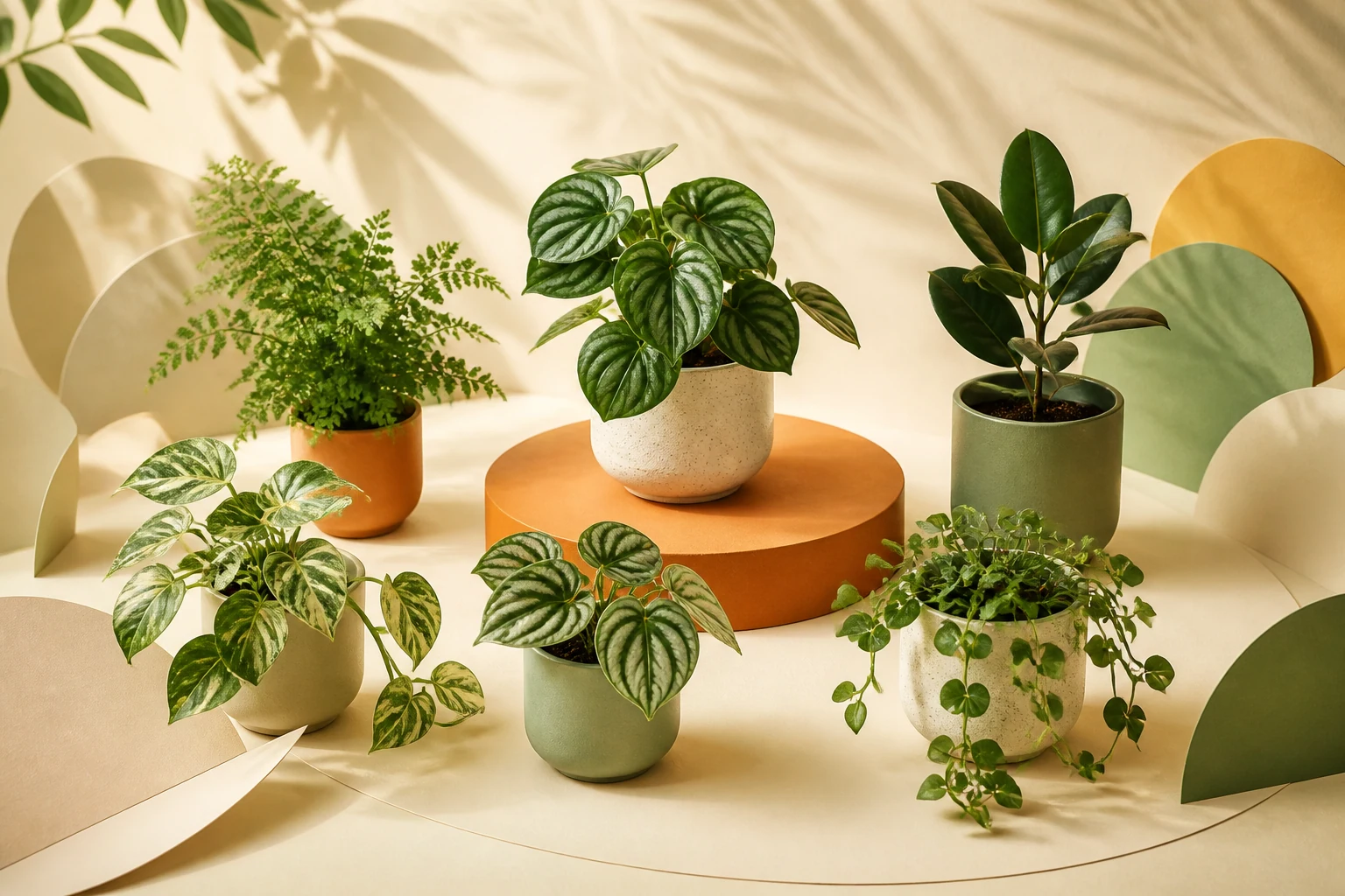 Editorial arrangement of houseplants in warm studio light